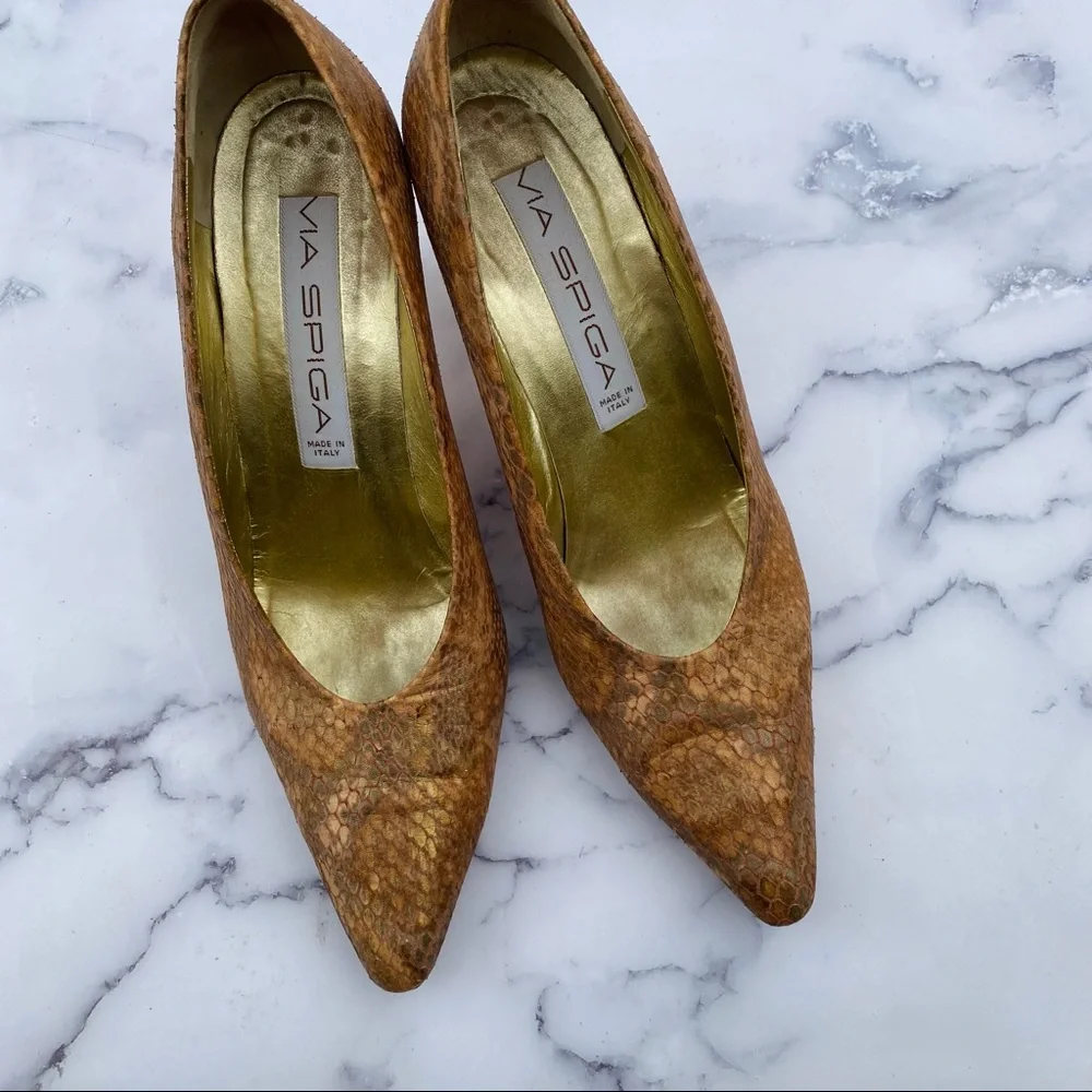 Via Spiga Leather Metallic Snake Skin Heels Pumps - Picture 4 of 8